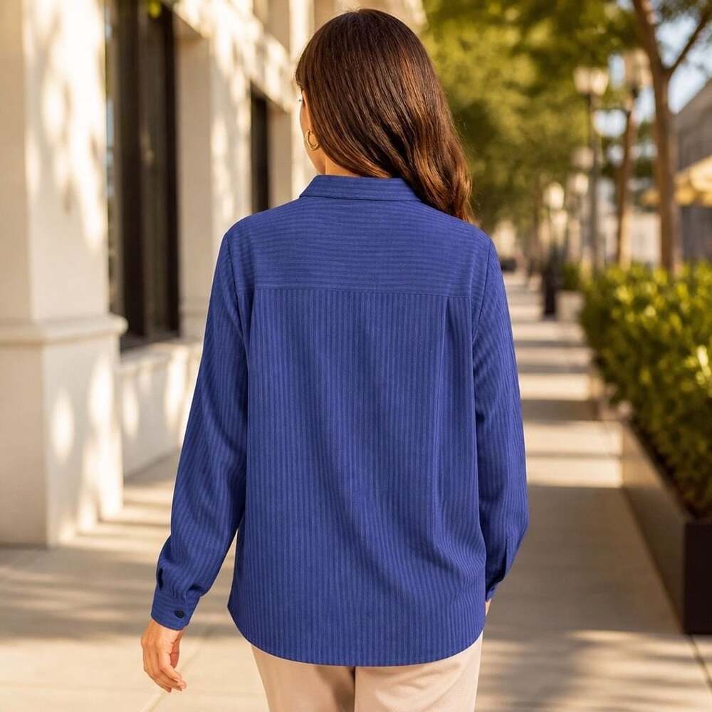 Joanna Women's Blue Striped Long Sleeve Button-Down Blouse with Dual Pockets - Picture 2 of 6